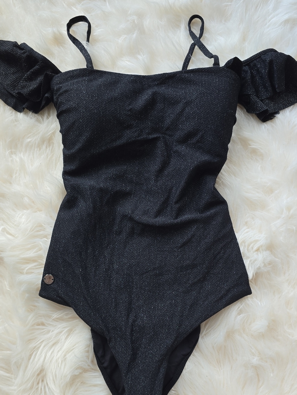 Leonisa Black Off-Shoulder One-Piece Swimsuit with Ruffle Sleeves SIZE M